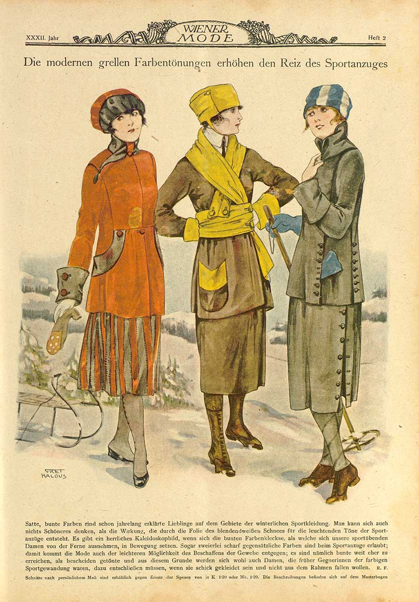 © Badische Landesbibliothek Karlsruhe Seite aus "Wiener Mode", Abbildung mit drei Frauen in modischen Sportanzügen..