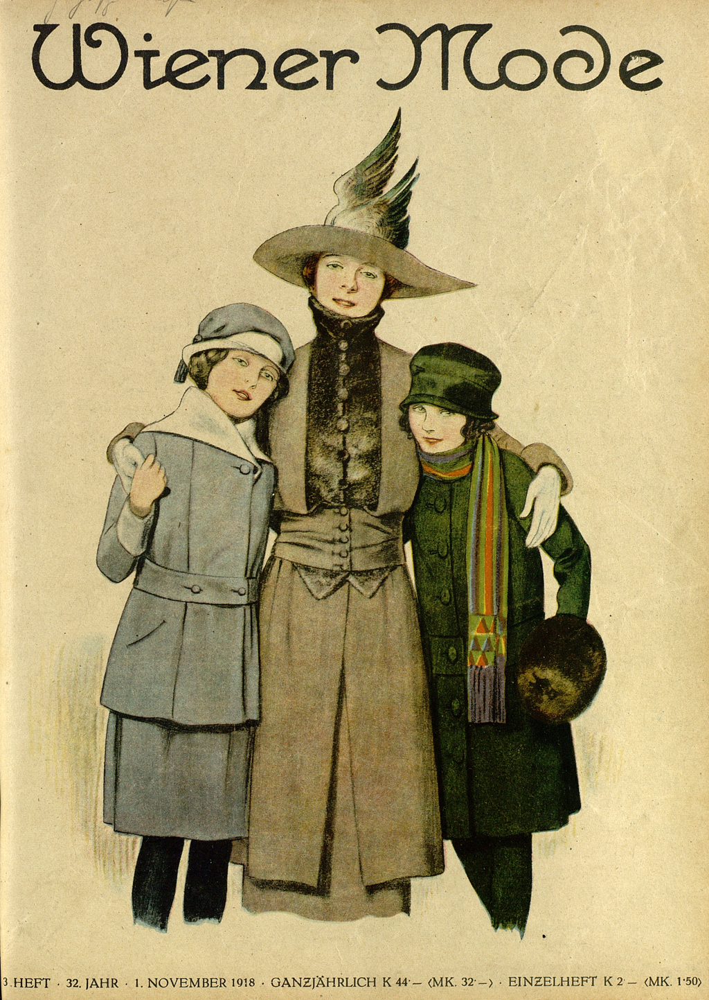 Cover der Mode- und Familienzeitschrift "Wiener Mode", abgebildet sind eine Mutter mit zwei Töchtern in modischen Mänteln und Hüten.