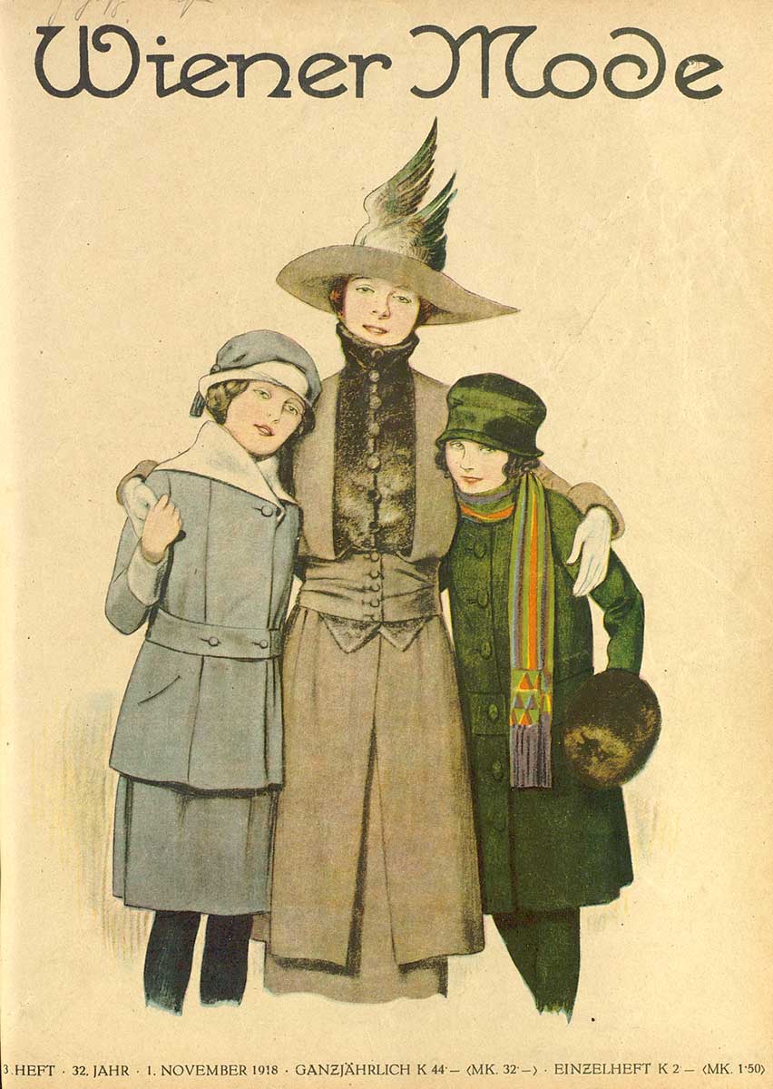 © Badische Landesbibliothek Karlsruhe Cover der Mode- und Familienzeitschrift "Wiener Mode", abgebildet sind eine Mutter mit zwei Töchtern in modischen Mänteln und Hüten.