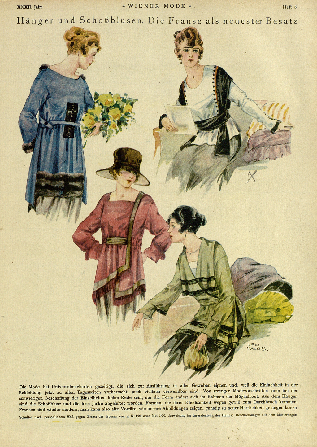 Seite aus "Wiener Mode", Abbildung mit vier Frauen in modischen Hängern und Schoßblusen. 