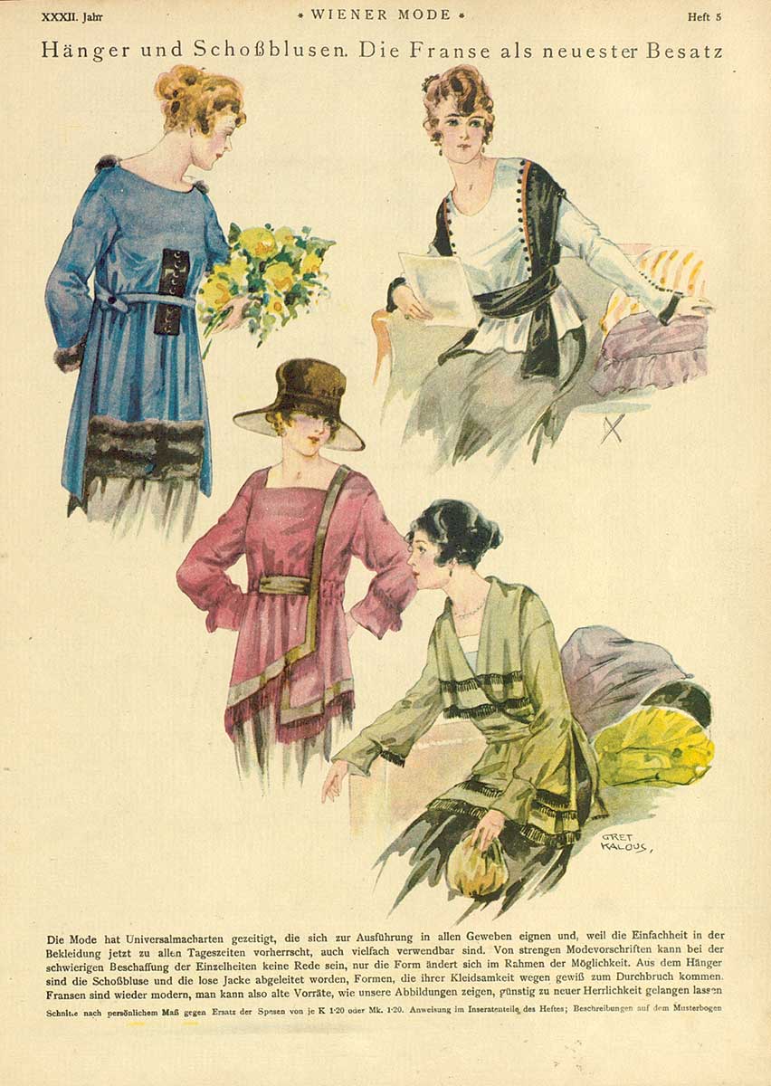 © Badische Landesbibliothek Karlsruhe Seite aus "Wiener Mode", Abbildung mit vier Frauen in modischen Hängern und Schoßblusen.