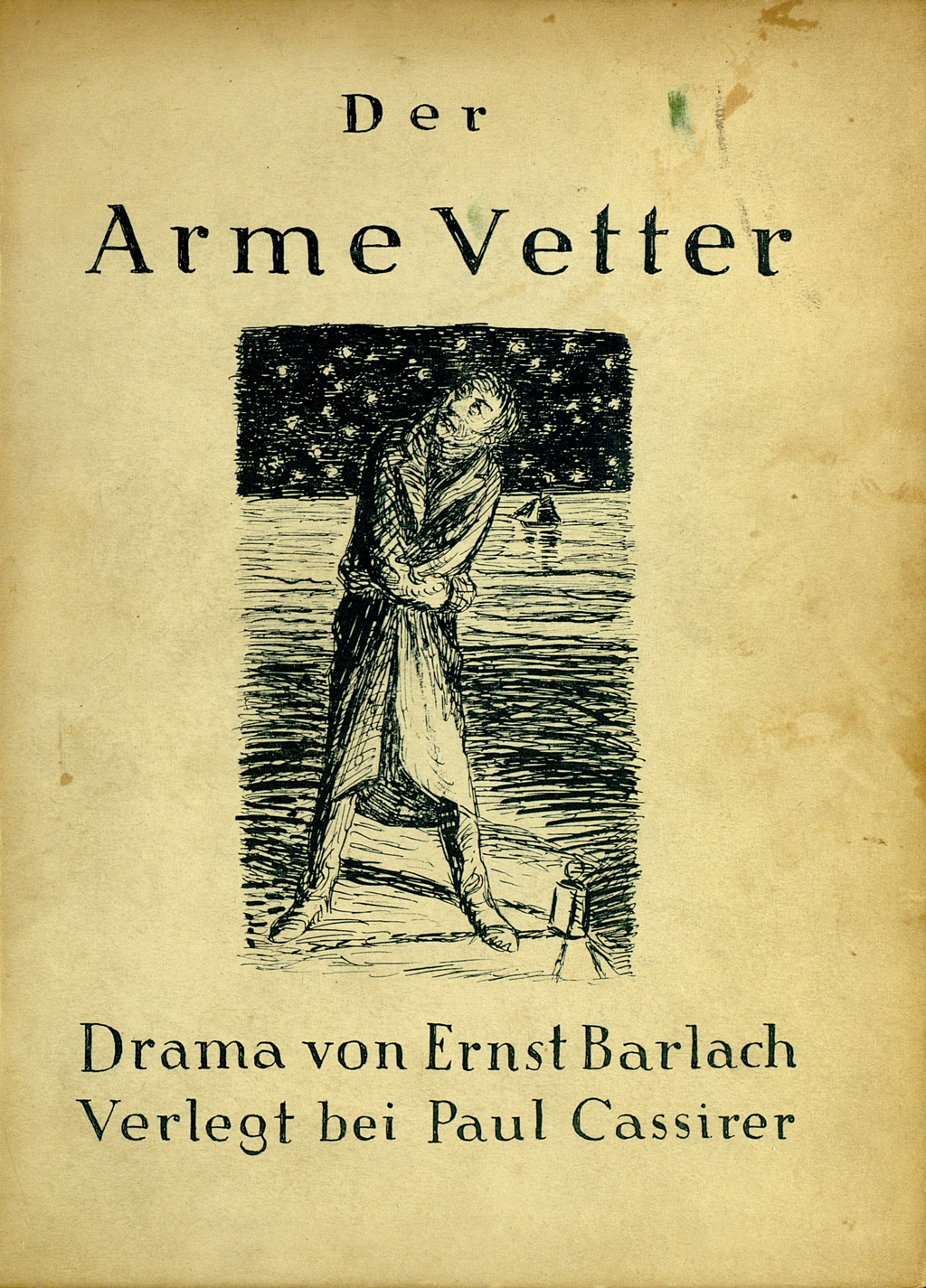 Zu sehen ist der vordere Buchdeckel von Ernst Barlachs Drama "Der arme Vetter" in der Erstausgabe von 1918. Der Einband zeigt das Motiv Sternreigen nach einer Radierung. 