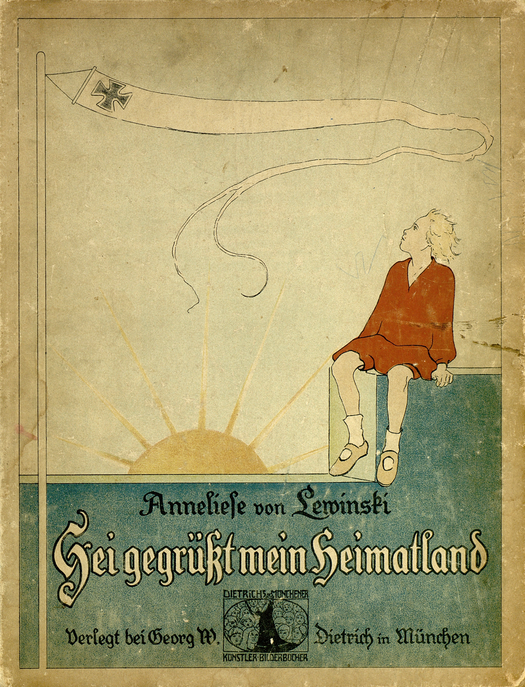 Buchvoer mit einem kleinen Kind, einem Drachen mit Kreuz und der untergehenden Sonne im Hintergrund.