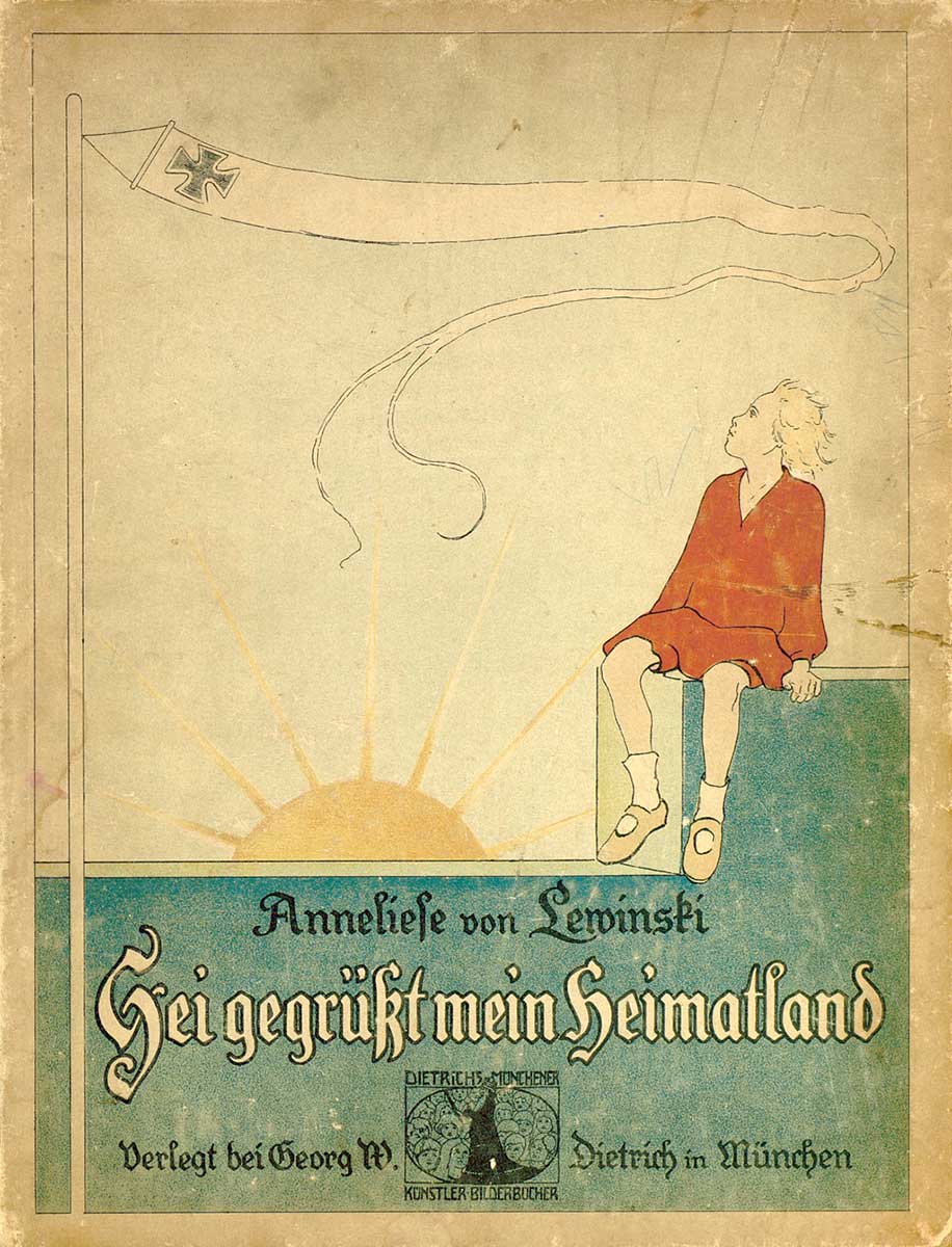 © Badische Landesbibliothek Karlsruhe Buchvoer mit einem kleinen Kind, einem Drachen mit Kreuz und der untergehenden Sonne im Hintergrund.