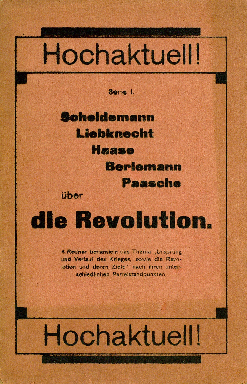 Zu sehen ist der Vorderumschlag der Broschüre mit den fünf Reden der führenden Sozialdemokraten. Der Titel der Veröffentlichung ist gerahmt; oben und unten ist jeweils in großem Schriftgrad das Wort "Hochaktuell" aufgedruckt.