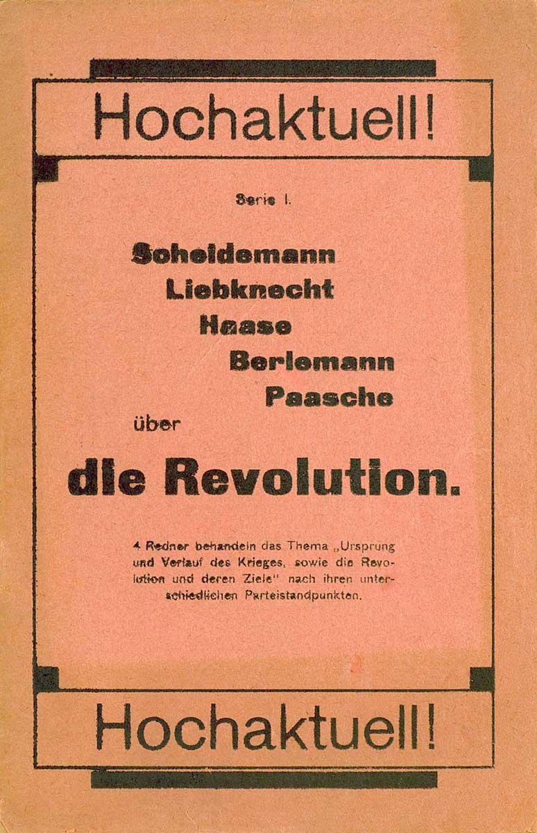 © Badische Landesbibliothek Karlsruhe Zu sehen ist der Vorderumschlag der Broschüre mit den fünf Reden der führenden Sozialdemokraten. Der Titel der Veröffentlichung ist gerahmt; oben und unten ist jeweils in großem Schriftgrad das Wort "Hochaktuell" aufgedruckt.