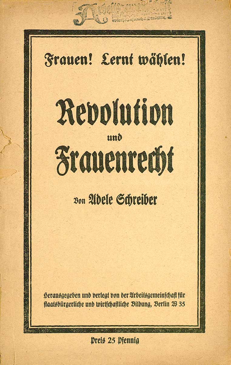 © Badische Landesbibliothek Karlsruhe Zu sehen ist der Vorderumschlag des Buches von Adele Schreiber. Der Titel ist mit einem rechteckigen Rahmen schwarz umrahmt.