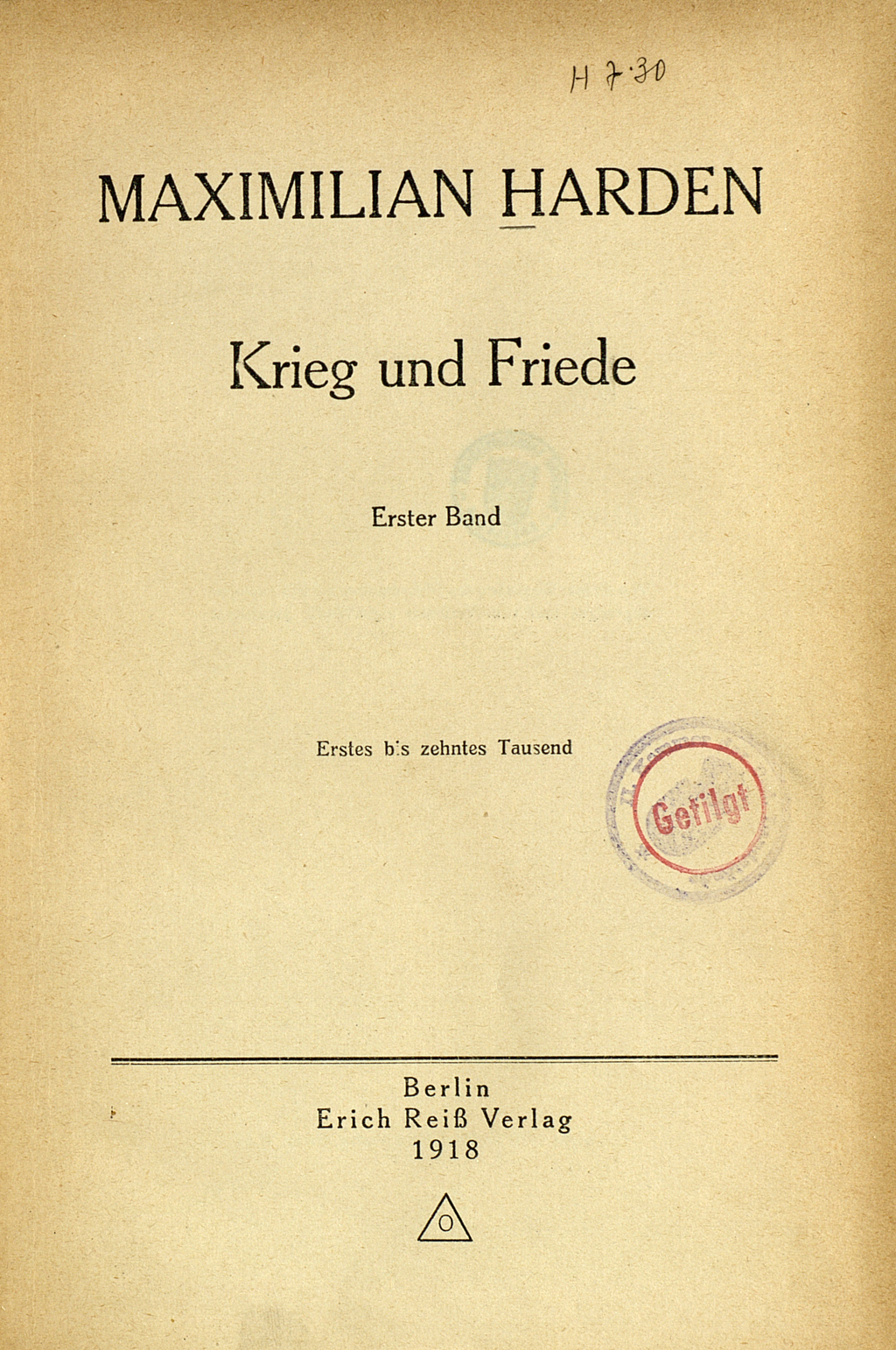 Zu sehen ist das schmucklose Titelblatt des Buches von Maximilian Harden.