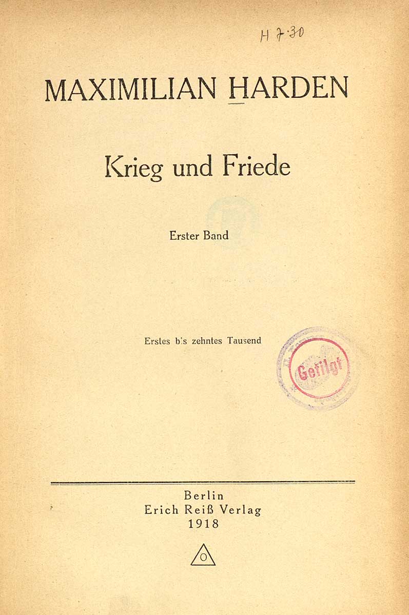 Zu sehen ist das schmucklose Titelblatt des Buches von Maximilian Harden.
