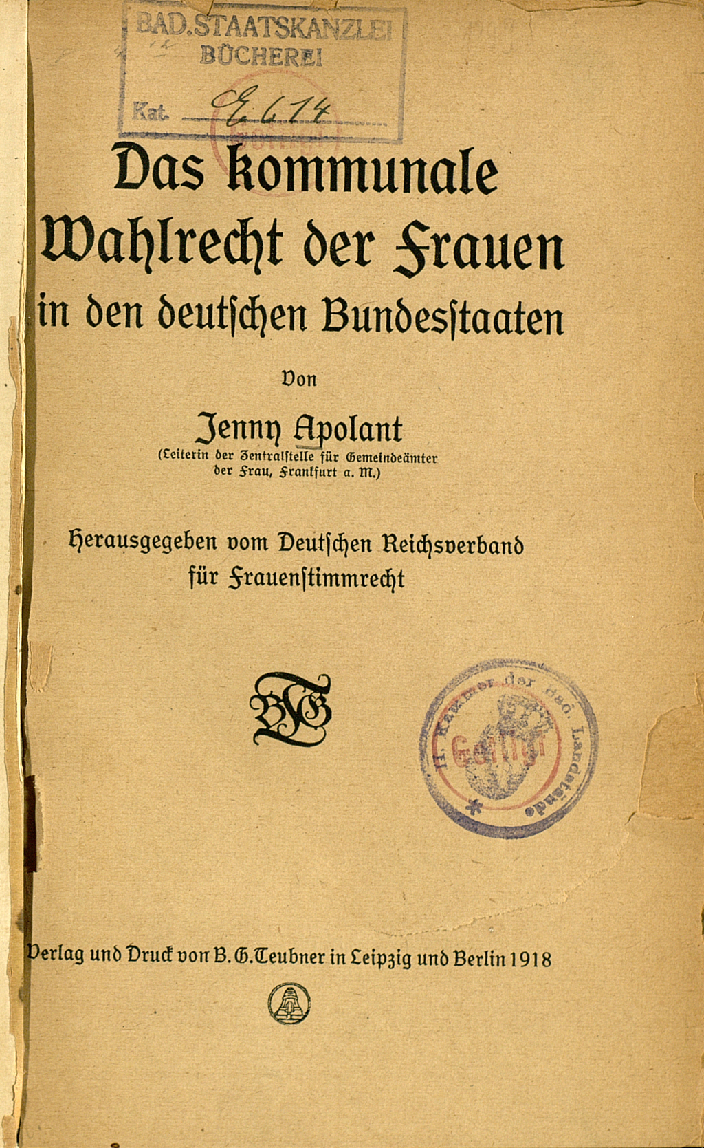 Zu sehen ist das Titelblatt des Buches von Jenny Apolant mit den Stempeln früherer Besitzerbibliotheken.