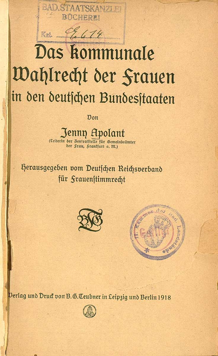 © Badische Landesbibliothek Karlsruhe Zu sehen ist das Titelblatt des Buches von Jenny Apolant mit den Stempeln früherer Besitzerbibliotheken.