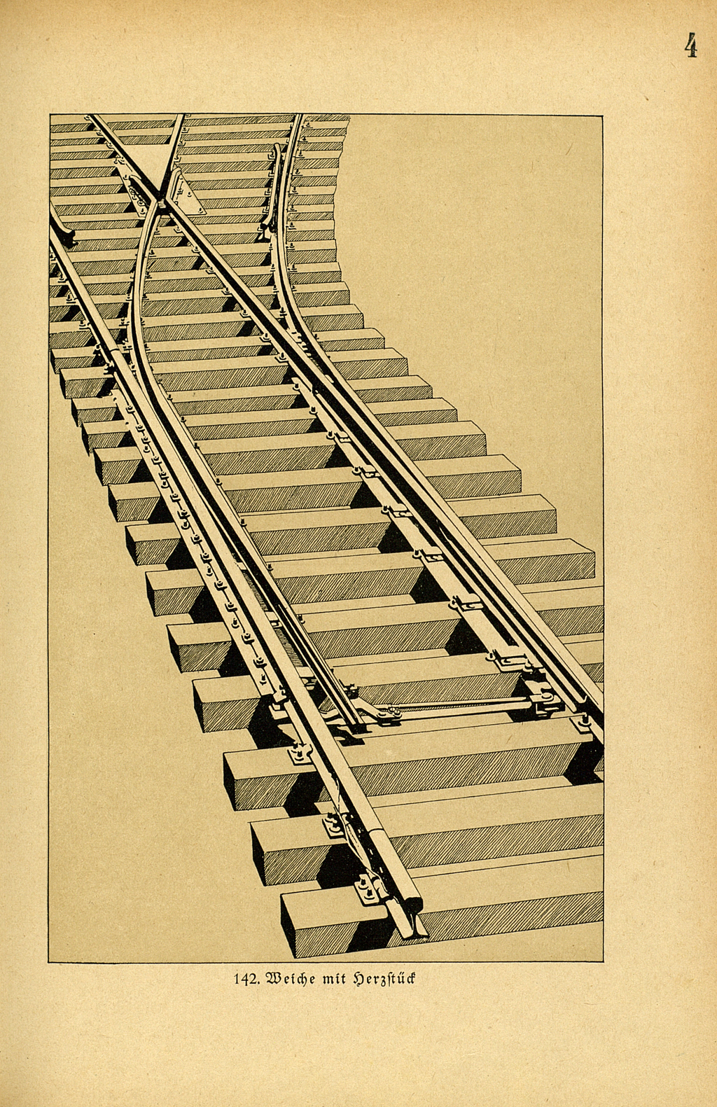 Die Abbildung zeigt die Zeichnung einer Eisenbahnweiche mit Herzstück. 