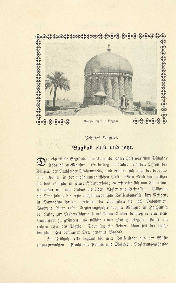 © Badische Landesbibliothek Karlsruhe Zu sehen ist eine Seite aus folgender Veröffentlichung: Hedin, Sven Anders: Bagdad, Babylon, Ninive. Leipzig: Brockhaus, 1918. Die Seite zeigt das Kapitel zehn mit dem Titel "Bagdad einst und jetzt". Den oberen Seitenbereich nimmt die Fotografie von der Kuppel einer Moschee ein. Der untere Bereich ist Text vorbehalten.