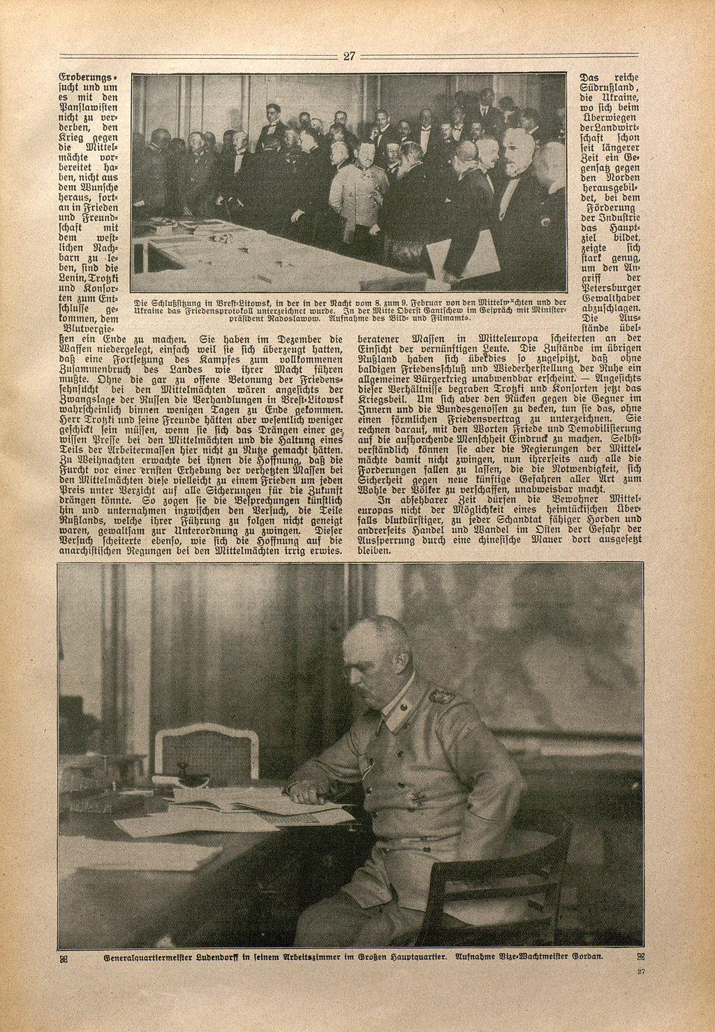 Zwei Pressefotos auf dieser Seite zeigen die Delegationen am letzten Verhandlungstag in Brest-Litowsk oben und unten General Erich Ludendorff im Hauptquartier der Obersten Heeresleitung.