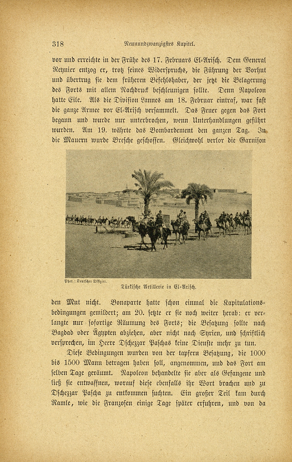 Zu sehen ist eine Buchseite mit Text und einer Abbildung. Die Abbildung zeigt eine arabische Karawane in einer Wüstenlandschaft. Im Hintergrund lässt sich eine Siedlung erkennen. Die Buchseite stammt aus folgender Veröffentlichung: Hedin, Sven Anders: Jerusalem. Leipzig: Brockhaus, 1918.