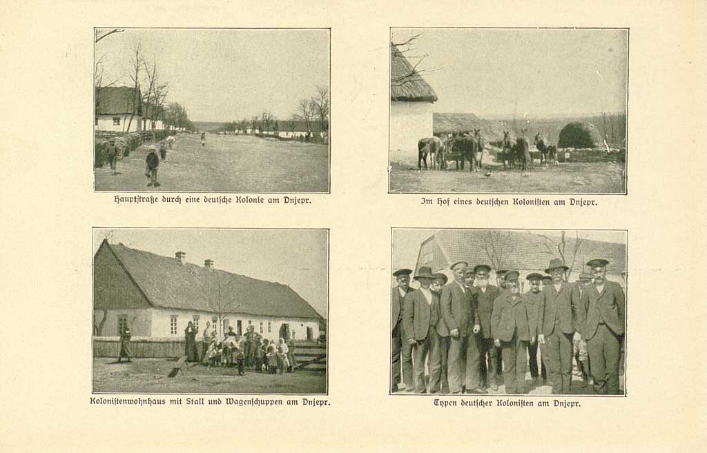© Badische Landesbibliothek Karlsruhe Zu sehen sind vier Fotografien. Sie zeigen eine ländliche Siedlung am Dnepr und deren Bewohner. Laut den Bildunterschriften handelt es sich um deutsche Kolonialisten.