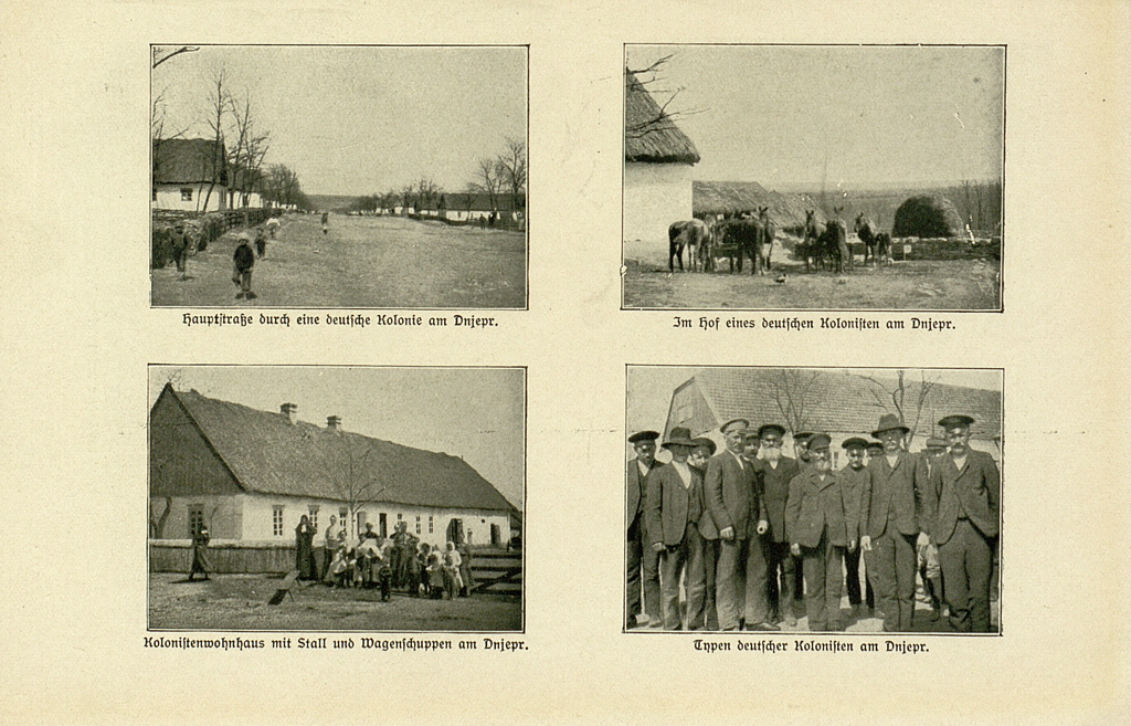 Zu sehen sind vier Fotografien. Sie zeigen eine ländliche Siedlung am Dnepr und deren Bewohner. Laut den Bildunterschriften handelt es sich um deutsche Kolonialisten. 
