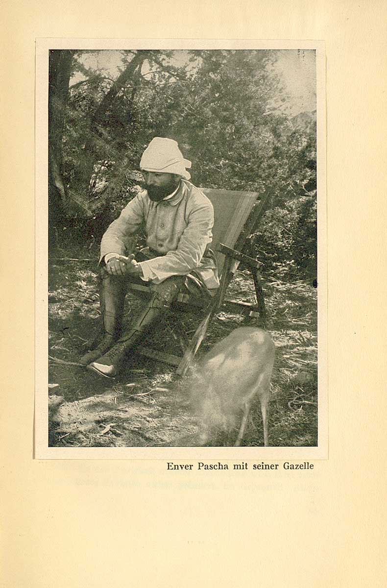 © Badische Landesbibliothek Karlsruhe Die Abbildung zeigt eine Fotografie von Enver Pascha. Er sitzt in einem Klappstuhl im Schatten mehrerer Pflanzen. Neben ihm ist eine kleine Gazelle zu sehen. Es handelt sich um eine Schwarz-Weiß Aufnahme von 1918.