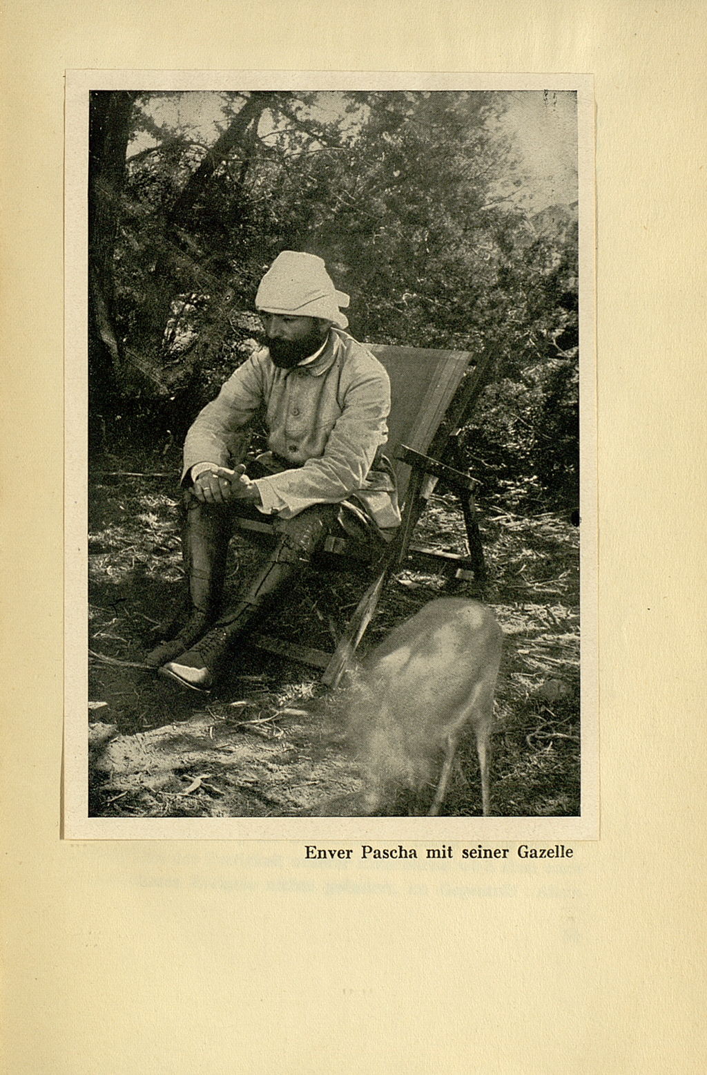 Die Abbildung zeigt eine Fotografie von Enver Pascha. Er sitzt in einem Klappstuhl im Schatten mehrerer Pflanzen. Neben ihm ist eine kleine Gazelle zu sehen. Es handelt sich um eine Schwarz-Weiß Aufnahme von 1918.   