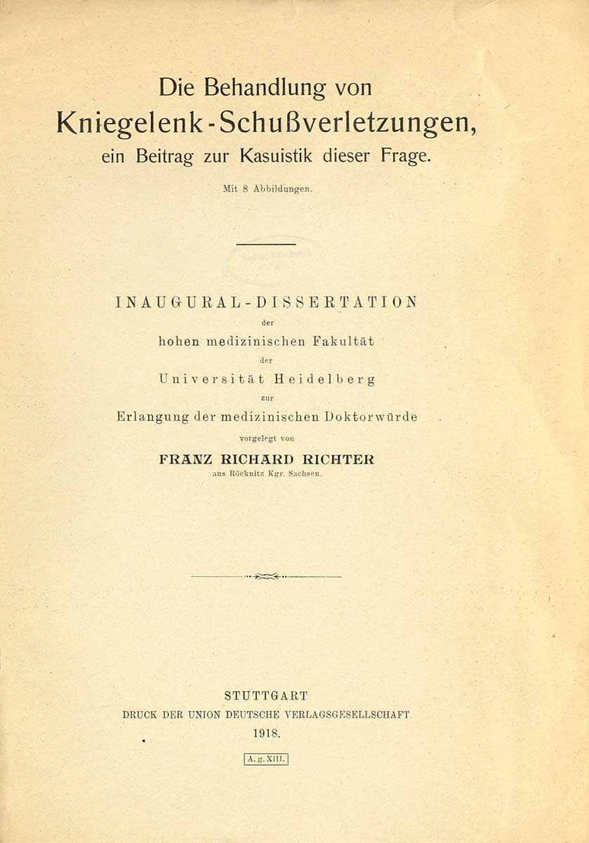 © Badische Landesbibliothek Karlsruhe Zu sehen ist das Titelblatt der nachfolgenden Publikation: Bär, Ludwig: Über Pathologie und Chirurgie der Leberverletzungen mit besonderer Berücksichtigung der Kriegsschüsse. Diss. Heidelberg 1918. Dieses Titelblatt enthält nur textbasierte Angaben.