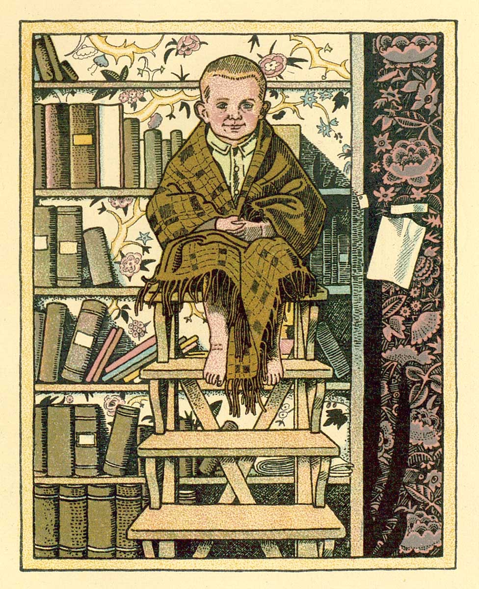 © Badische Landesbibliothek Karlsruhe Kleiner Junge sitzt in Decke gehüllt auf einer Stufenleiter die vor einem Bücherregal steht. Bild von Franz Wacik.