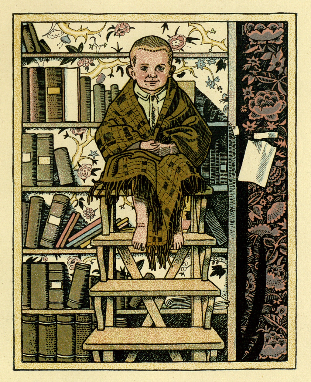 Kleiner Junge sitzt in Decke gehüllt auf einer Stufenleiter die vor einem Bücherregal steht. Bild von Franz Wacik.