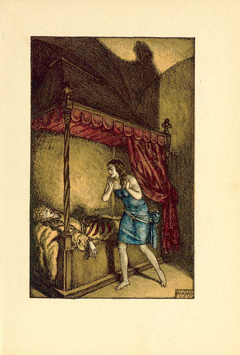 © Badische Landesbibliothek Karlsruhe Lithographie zu "Isabella von Ägypten" Kaiser Karl der Fünfte liegt auf einem prunkvollen Bett mit rotem Baldachin, über ihm steht Isabell in einem blauen, knielangen Kleid.