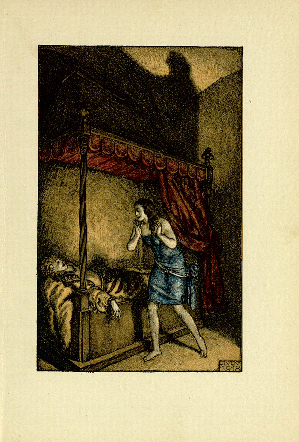 Lithographie zu "Isabella von Ägypten" Kaiser Karl der Fünfte liegt auf einem prunkvollen Bett mit rotem Baldachin, über ihm steht Isabell in einem blauen, knielangen Kleid.