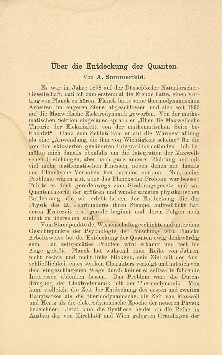 © Badische Landesbibliothek Karlsruhe Zu sehen ist eine Textseite mit der Überschrift "Über die Entdeckung der Quanten. von A. Sommerfeld".