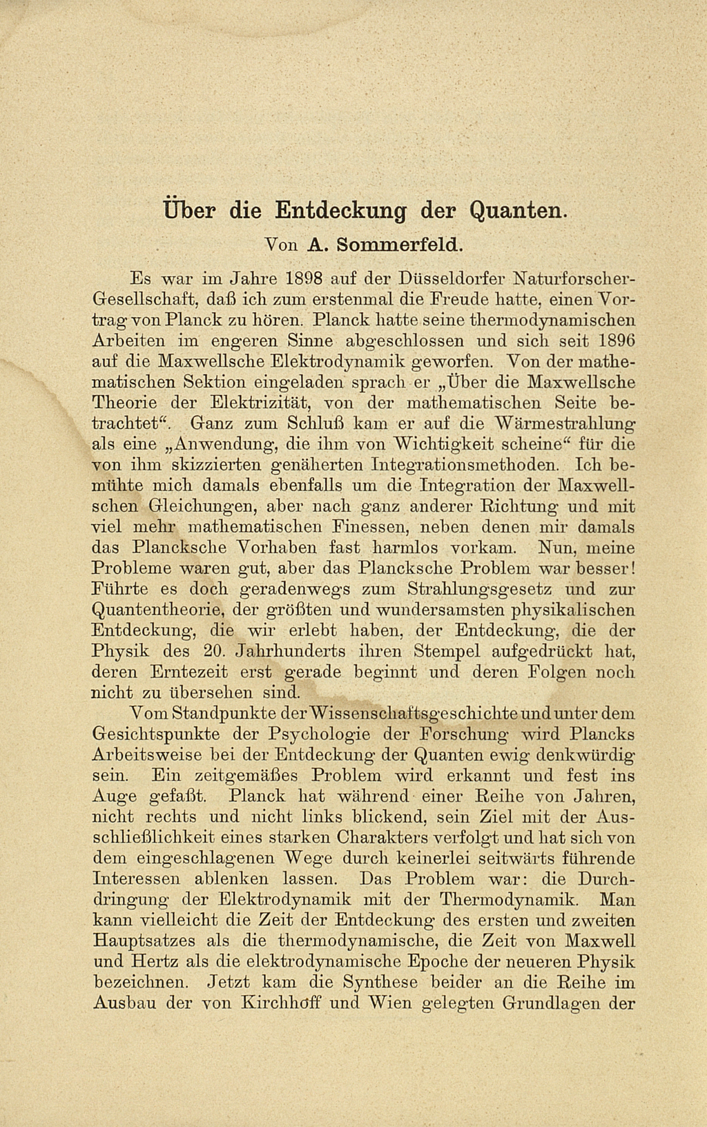 Zu sehen ist eine Textseite mit der Überschrift "Über die Entdeckung der Quanten. von A. Sommerfeld". 