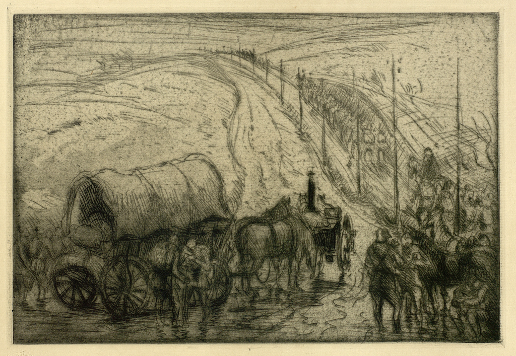 Hermann Kupferschmids Radierung "Vormarsch in Galizien" zeigt eine lange Marschreihe von Soldaten, die bis an den Horizont einer Hügellandschaft reicht. Im Vordergrund zu sehen ist ein Planwagen.