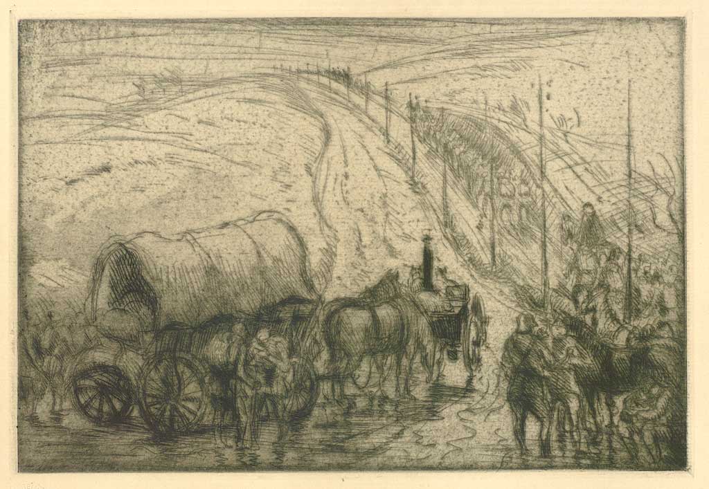© Badische Landesbibliothek Karlsruhe Hermann Kupferschmids Radierung "Vormarsch in Galizien" zeigt eine lange Marschreihe von Soldaten, die bis an den Horizont einer Hügellandschaft reicht. Im Vordergrund zu sehen ist ein Planwagen.