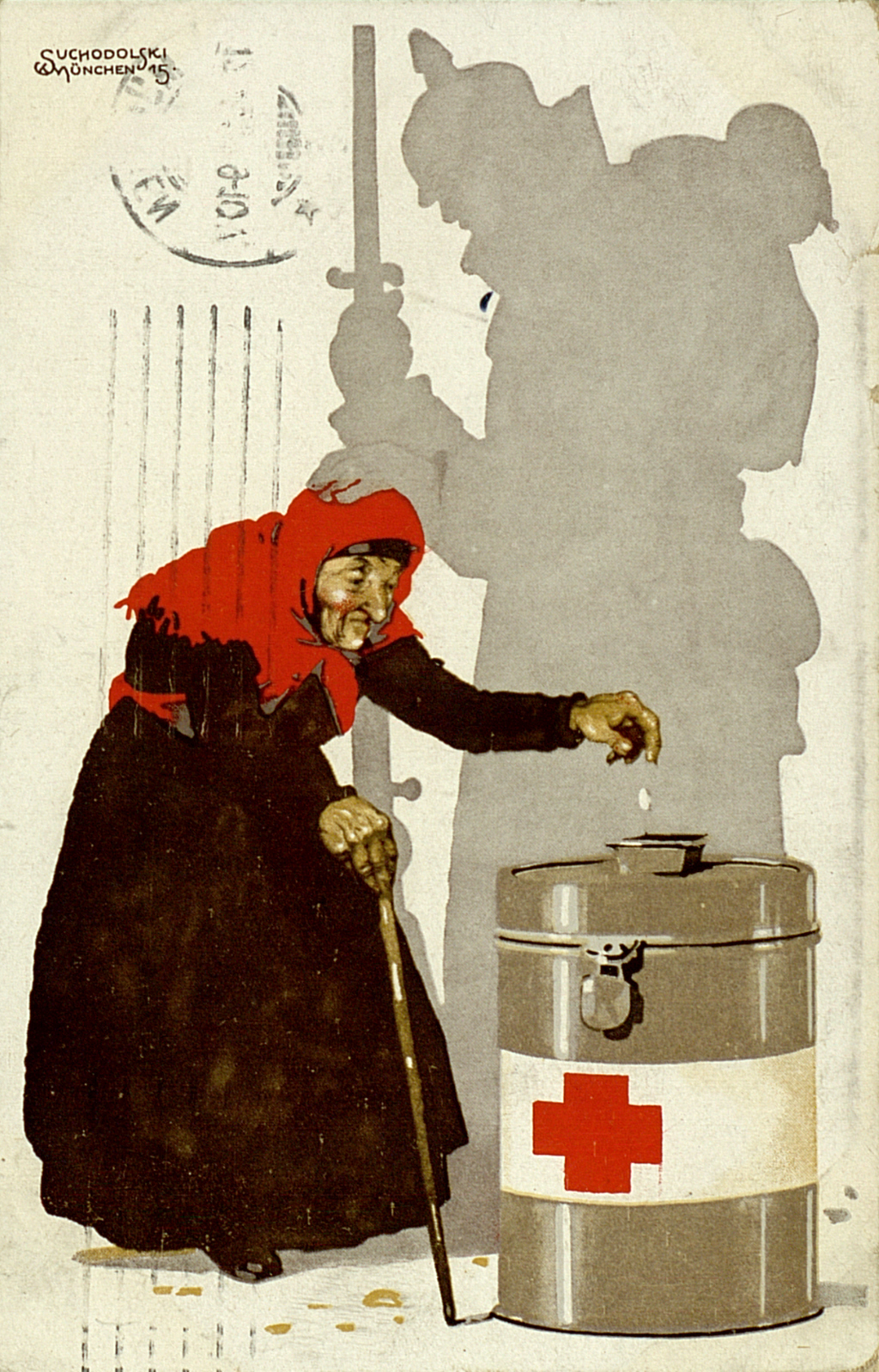 Zu sehen ist eine alte, auf einen Stock gebückte Frau in schäbigen Kleidern. Sie trägt einen dunklen Mantel und ein rotes Kopftuch. Sie wirft eine Münze in ein Spendenbehälter des Roten Kreuzes. Im Hintergrund ist der Scherenschnitt eines Soldaten zu sehen. 