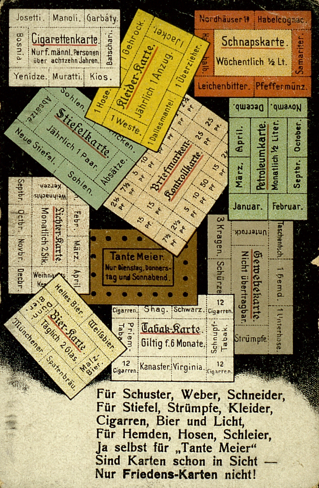 Bunte Propaganda-Postkarte zur Rationierung von Konsumgütern im Deutschen Reich während des Ersten Weltkriegs.