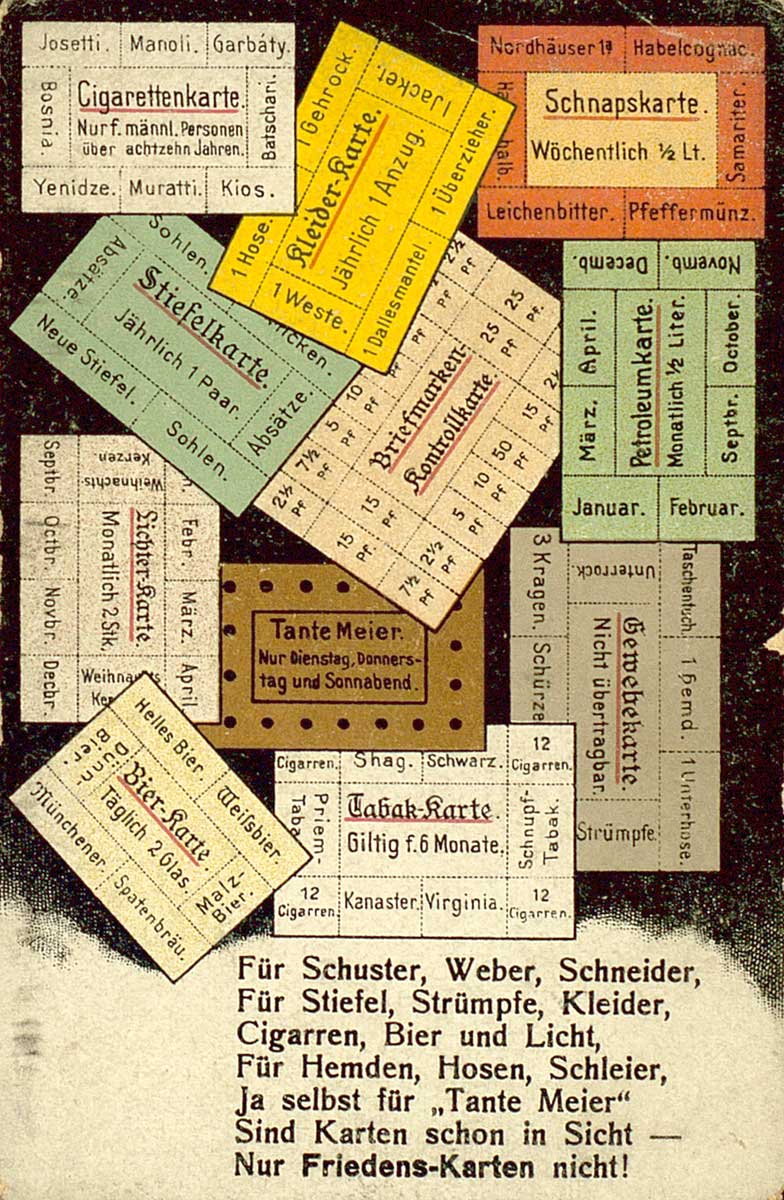 © Badische Landesbibliothek Karlsruhe Bunte Propaganda-Postkarte zur Rationierung von Konsumgütern im Deutschen Reich während des Ersten Weltkriegs.