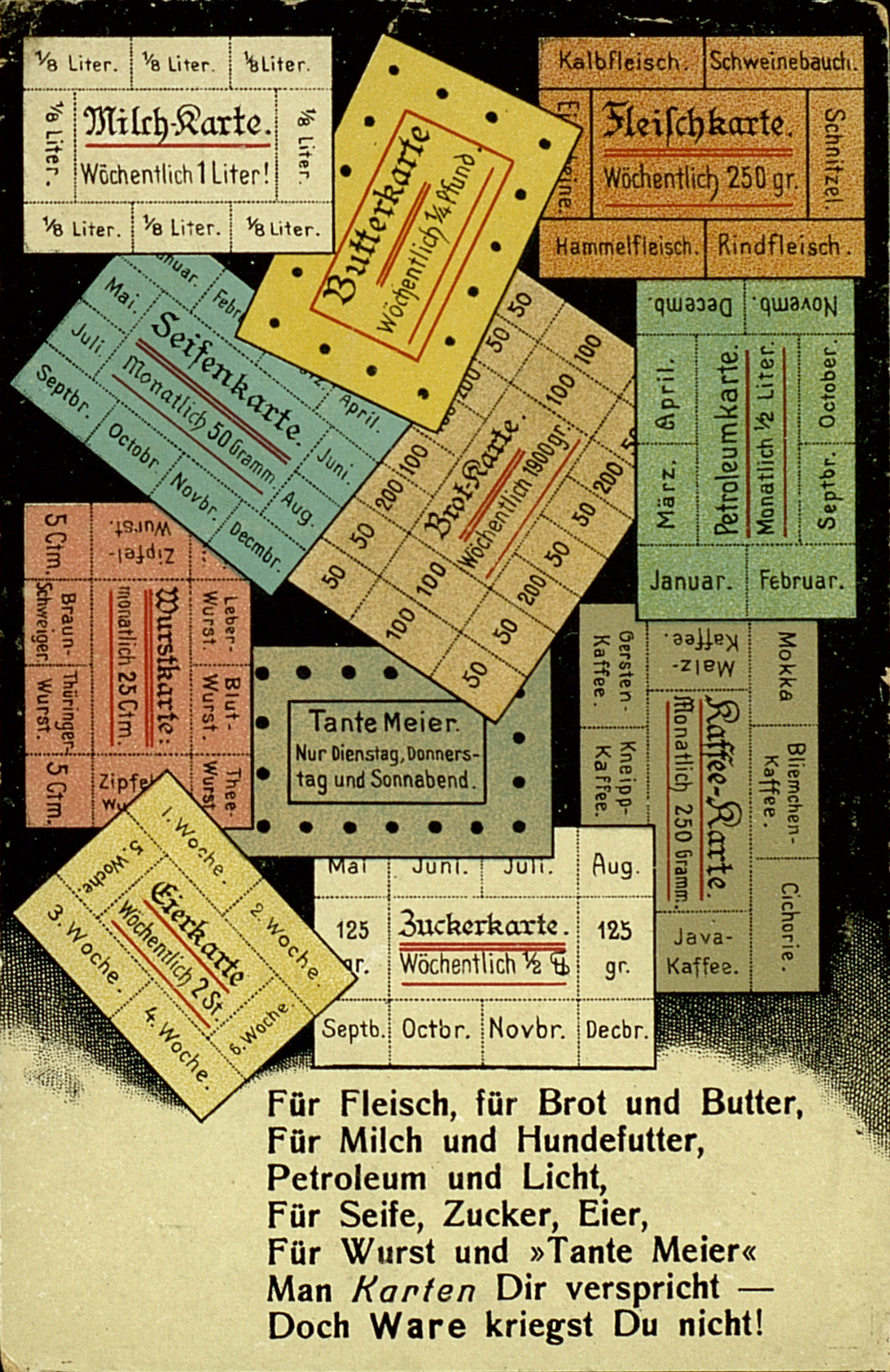 Bunte Propaganda-Postkarte zur Lebensmittelrationierung im Deutschen Reich während des Ersten Weltkriegs.