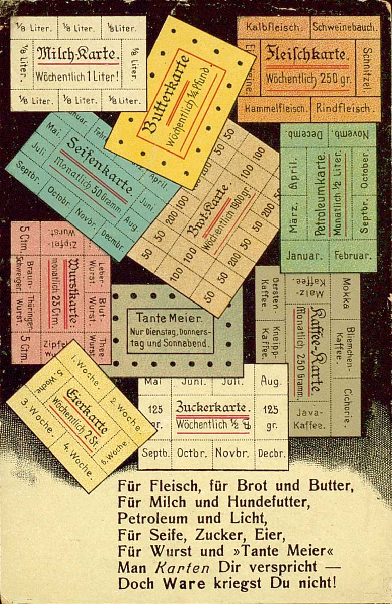 © Badische Landesbibliothek Karlsruhe Bunte Propaganda-Postkarte zur Lebensmittelrationierung im Deutschen Reich während des Ersten Weltkriegs.