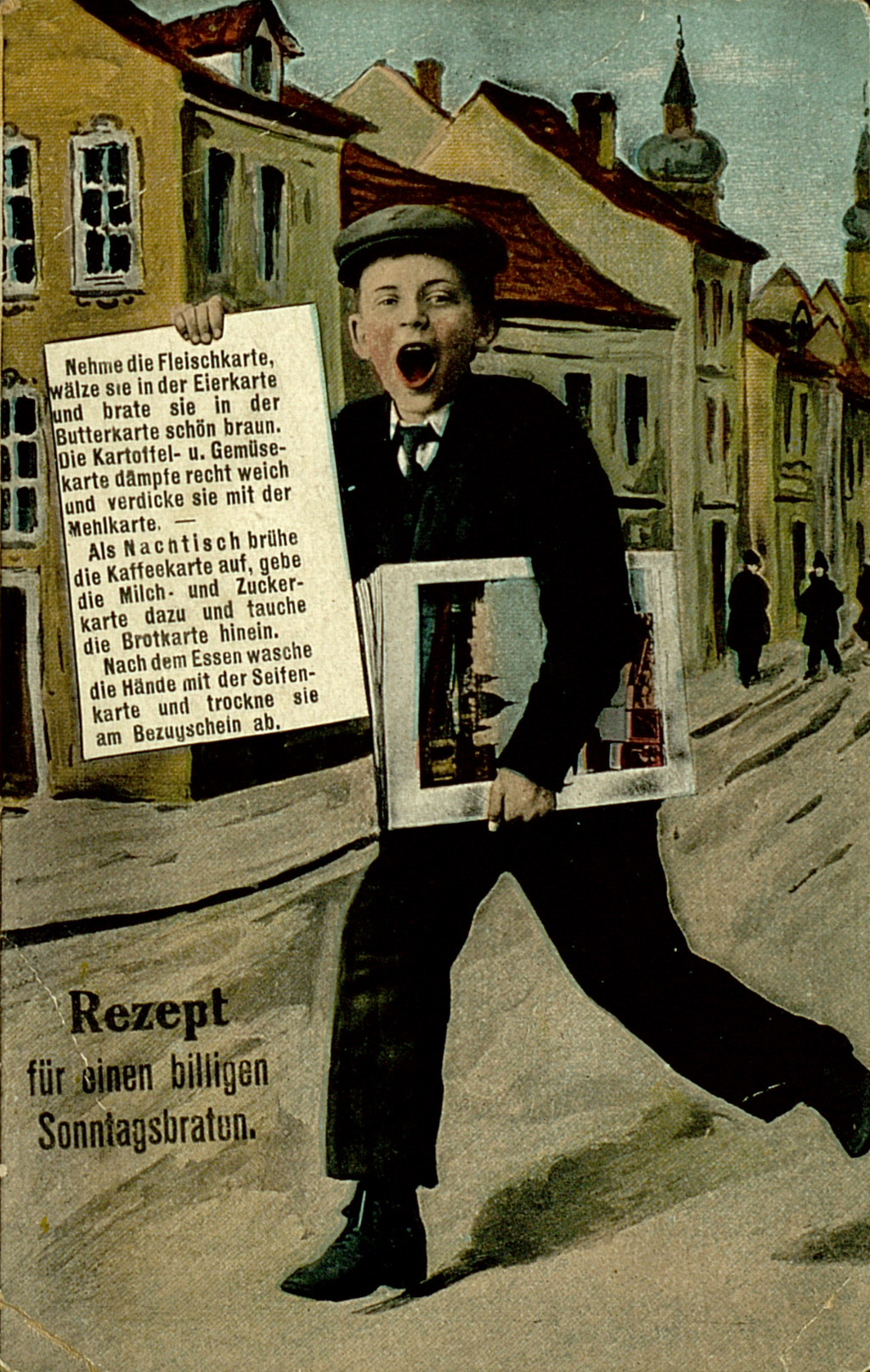 Propaganda-Postkarte mit einem Rezept für einen billigen Sonntagsbraten. Malerei eine Zeitungsjungen, das Rezept ist in die Zeitung in einer Hand eingefügt.