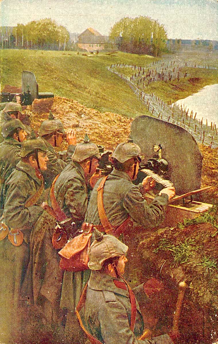 © Badische Landesbibliothek Karlsruhe Zu sehen ist die kolorierte Fotografie von deutschen Soldaten in einem Schützengraben mit einem Maschinengewehr. Es könnte sich hierbei um das Modell MG 08/15 handeln.