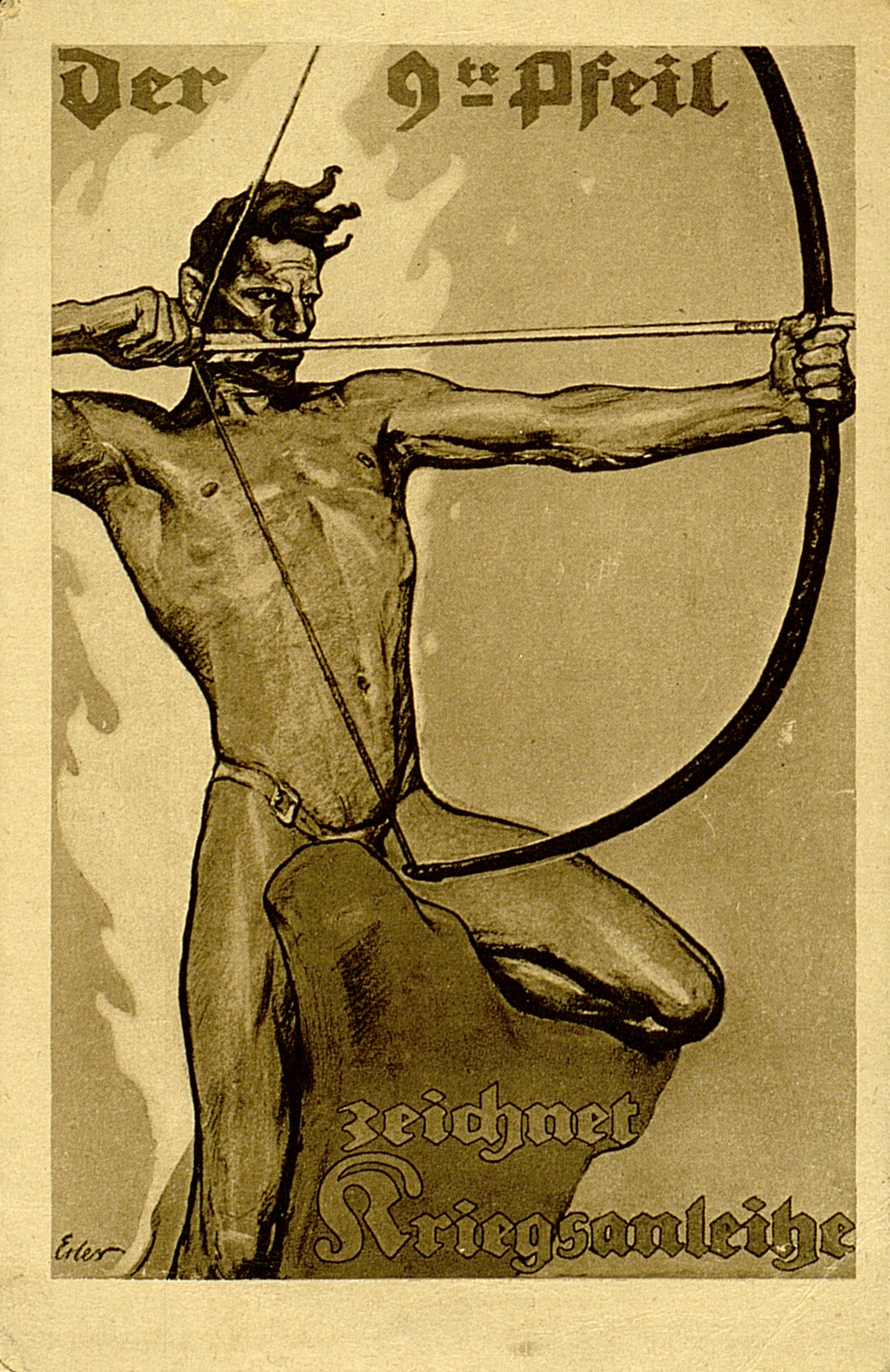 Postkarte mit Entwurf von Fritz Erler. Ein Mann im Slip sitzt auf einem seltsam geformten Stein mit fliegendem Haar und spannt einen Bogen. 