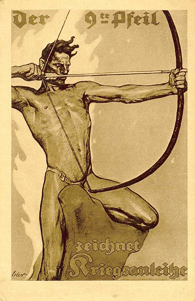 © Badische Landesbibliothek Karlsruhe Postkarte mit Entwurf von Fritz Erler. Ein Mann im Slip sitzt auf einem seltsam geformten Stein mit fliegendem Haar und spannt einen Bogen.