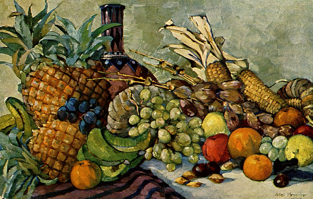 Das Bild zeigt ein Stillleben mit Obst und Gemüse aus den Kolonien. Unter anderem Ananas, Mango, Maiskolben und Weintrauben.