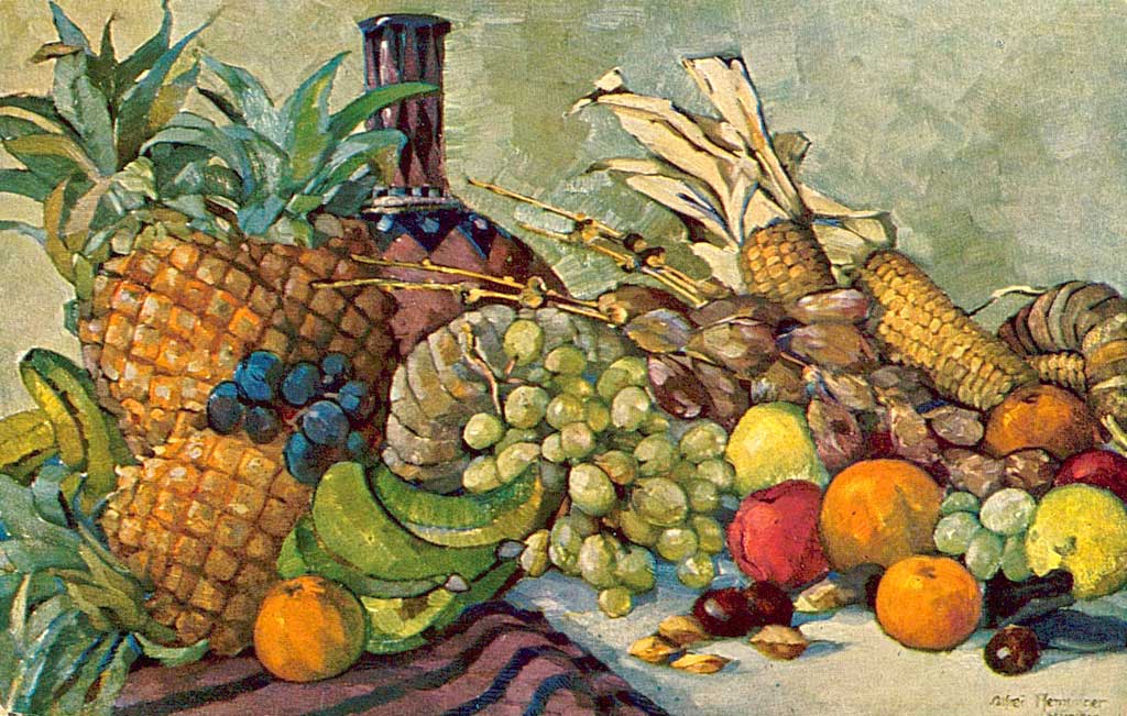 © Badische Landesbibliothek Karlsruhe Das Bild zeigt ein Stillleben mit Obst und Gemüse aus den Kolonien. Unter anderem Ananas, Mango, Maiskolben und Weintrauben.