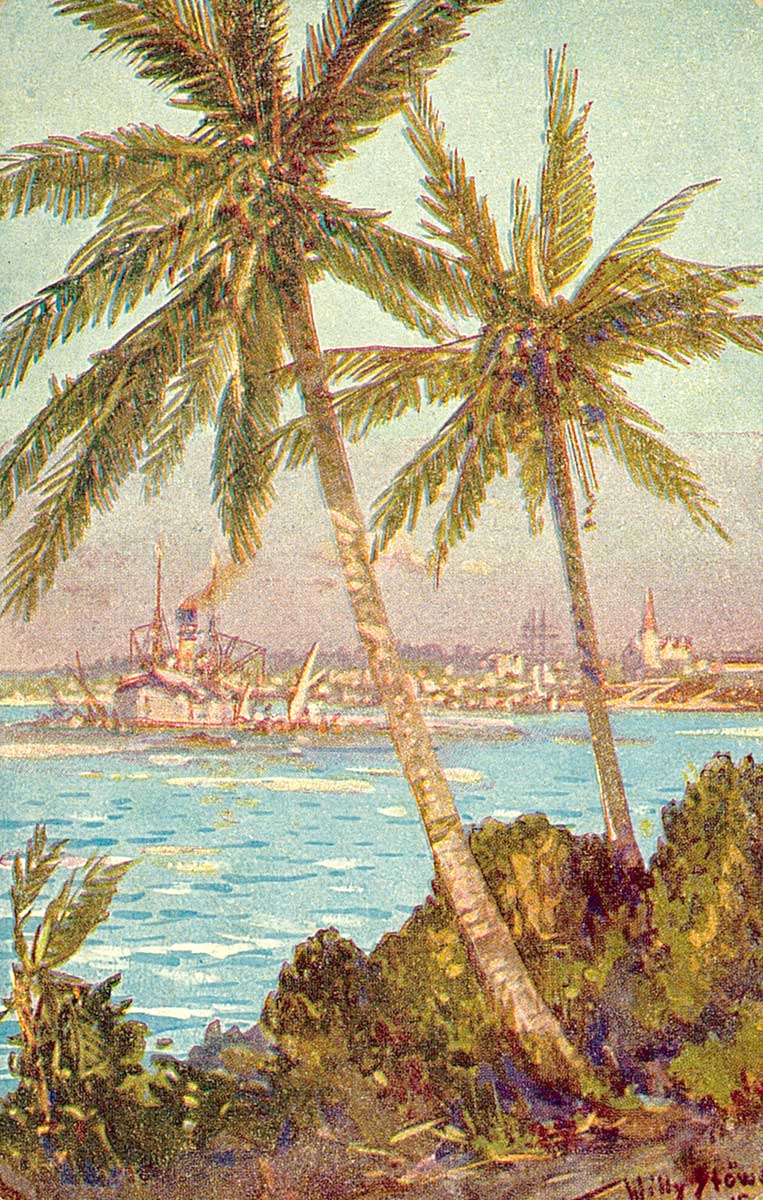 © Badische Landesbibliothek Karlsruhe Das Bild zeigt einen Blick auf die Kolonialstadt Daressalam im ehemaligen Deutsch-Ostafrika. Im Vordergrund sind Plamen zu sehen, den Mittelraum des Bildes nimmt das von Schiffen befahrene Meer ein. Im Hintergrund ist die Stadt zu sehen. Ebenso eine Kirche, bei der es sich mutmaßlich um die Kathedrale St. Josef handelt.