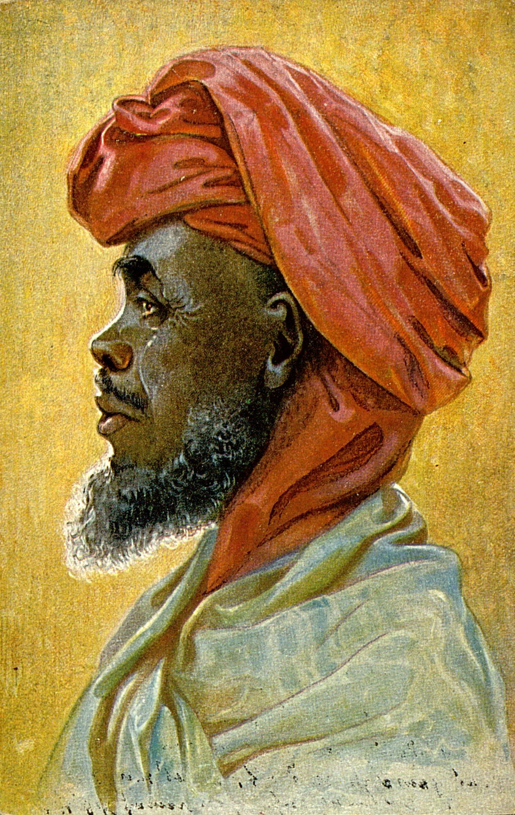 Die Abbildung zeigt das Portrait eines Arabers aus Ostafrika mit rotem Kufiya und hellem Gewand. Er ist im Profil dargestellt. 