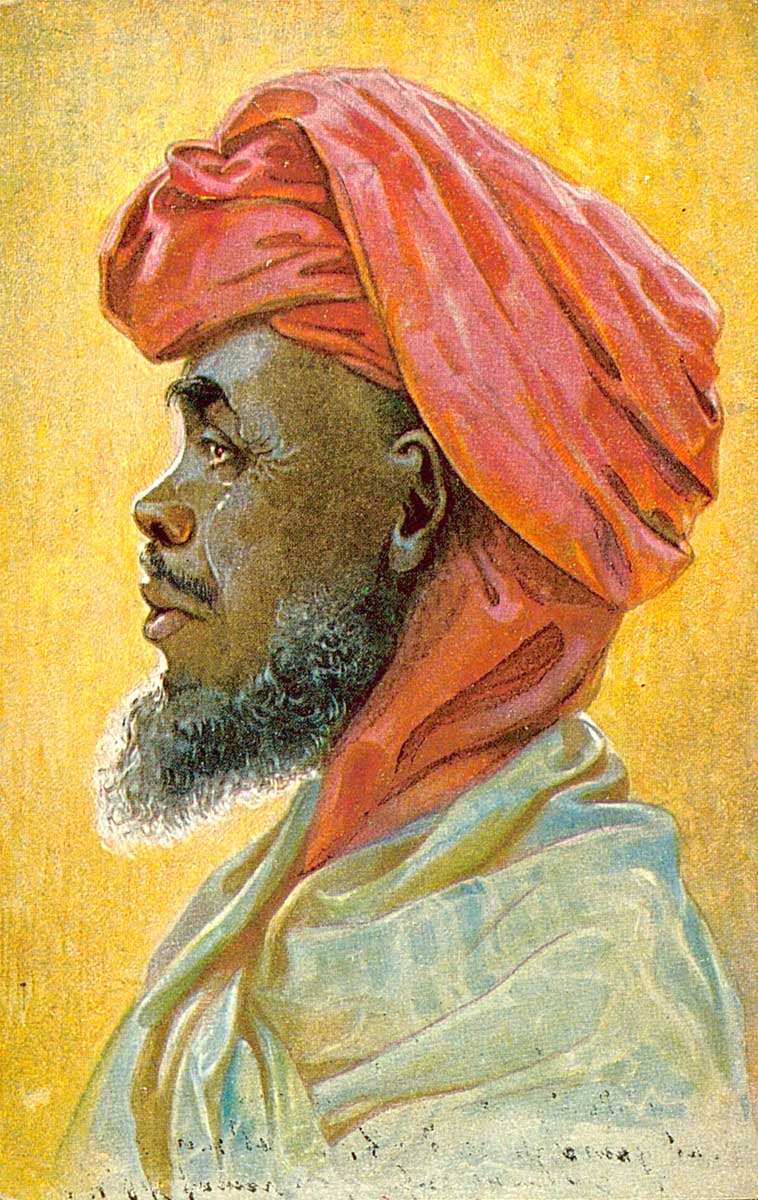 © Badische Landesbibliothek Karlsruhe Die Abbildung zeigt das Portrait eines Arabers aus Ostafrika mit rotem Kufiya und hellem Gewand. Er ist im Profil dargestellt.