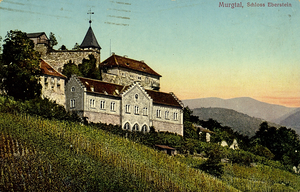 Zu sehen ist eine kolorierte Postkarte mit Schloss Eberstein im Murgtal als Motiv. 