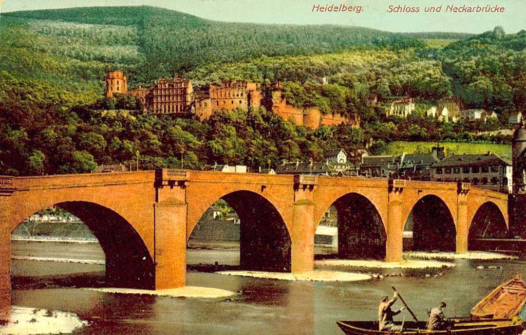 © Badische Landesbibliothek Karlsruhe Zu sehen ist im Vordergrund der beschiffte Neckar samt Neckarbrücke. Im Hintergrund lässt sich das Heidelberger Schloss identifizieren.