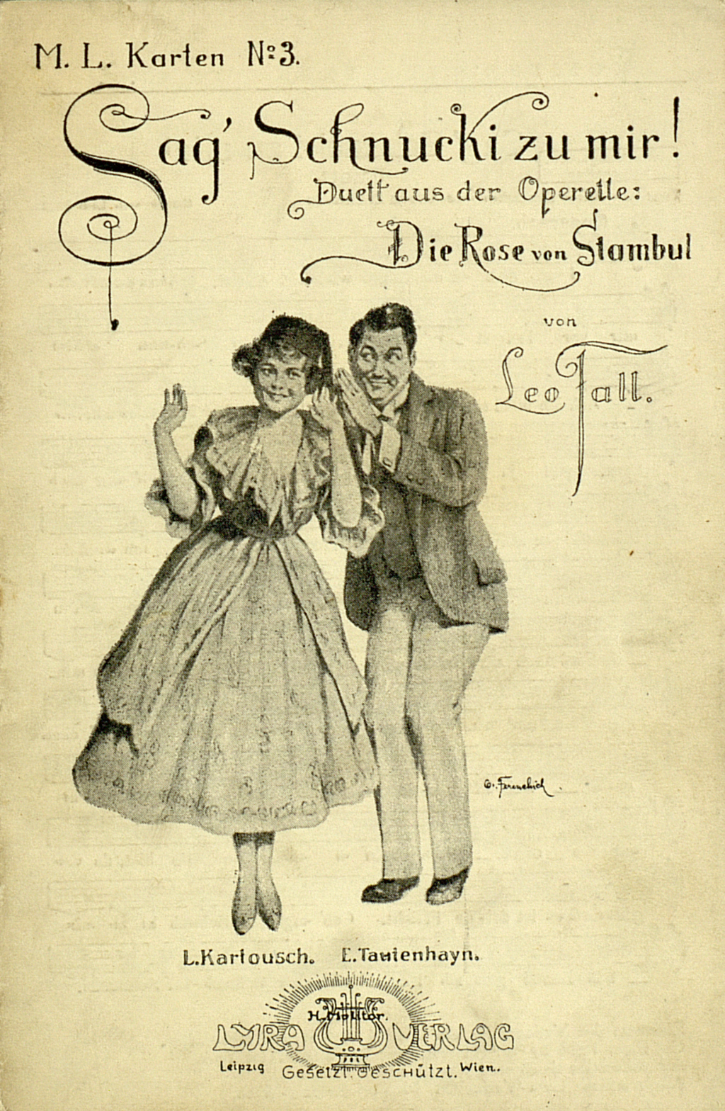 Zu sehen ist die Vorderseite einer Postkarte zur  Operette "Die Rose von Stambul" mit der Sängerin Louise Kartousch und dem Sänger Ernst Tautenhayn im Duett.dchens mit reich geschmücktem Stirnband und Zierfeder
