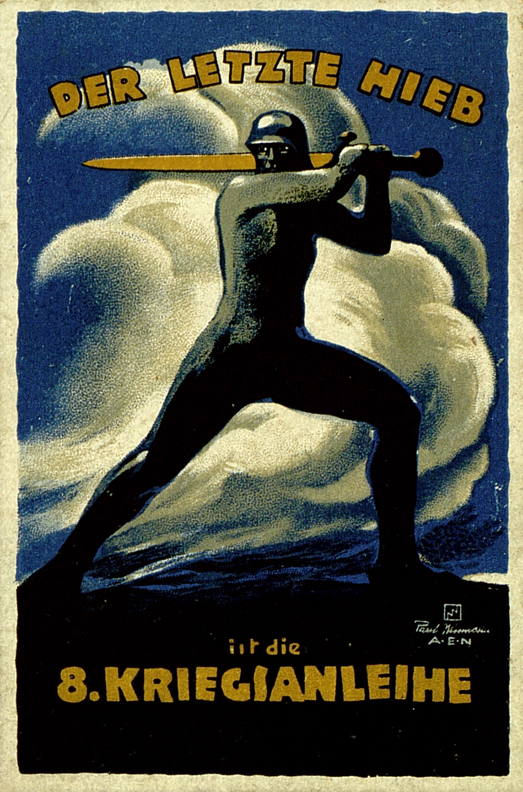 Postkarte mit der heroischen Darstellung eines eisernen Kriegers mit goldenem Schwert vor einer monumentalen Wolkenkulisse.